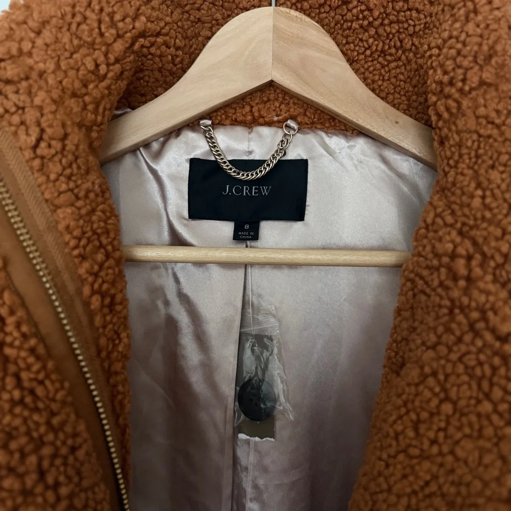 NWT J.Crew Villa Coat Teddy Sherpa Mid Length Adobe Clay Brown sz 8 zip button - Picture 6 of 15